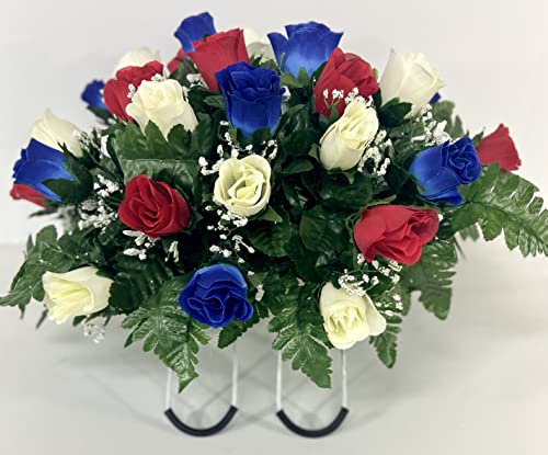 Product: Small Patriotic Cemetery Headstone Saddle Flowers in Red White and Blue Roses for Summer, Memorial Day, Labor Day