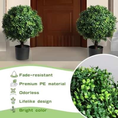 Product: Artificial Boxwood Topiary Ball Tree Outdoor Porch Trees Set of 2 22'' T * 15'' D, Faux Boxwood Plants Outdoor Home Garden Christmas Decorations for Home Porch (White)