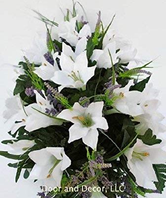 Silky Flower Store Cemetery Spring Flowers White Lilly Mix Headstone Saddle, Sympathy Grave Decor, Artificial Floral Arrangement 20.5cm 6 6 Product: Cemetery Spring Flowers ~Spring white lilly mix~headstone saddle arrangement~cemetery flower service~grave site decor~sympathy flowers~flowers for graves~Lillies and wildflowers