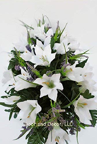 Silky Flower Store Cemetery Spring Flowers White Lilly Mix Headstone Saddle, Sympathy Grave Decor, Artificial Floral Arrangement 20.5cm 1 1 Product: Cemetery Spring Flowers ~Spring white lilly mix~headstone saddle arrangement~cemetery flower service~grave site decor~sympathy flowers~flowers for graves~Lillies and wildflowers