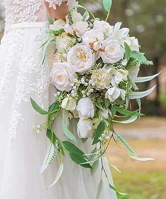 Silky Flower Store Artificial Bridal Bouquet, White Greenery Cascading Bouquet, Wedding Floral Arrangement, 12 Inch 9 9 Product: BENCENTRE 12-Inch White & Greenery Cascading Bridal Bouquet for Wedding Ceremony, Anniversary, French Rustic Vintage Style - Artificial Flowers
