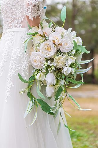 Silky Flower Store Artificial Bridal Bouquet, White Greenery Cascading Bouquet, Wedding Floral Arrangement, 12 Inch 3 3 Product: BENCENTRE 12-Inch White & Greenery Cascading Bridal Bouquet for Wedding Ceremony, Anniversary, French Rustic Vintage Style - Artificial Flowers