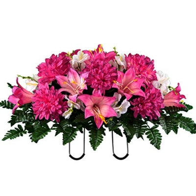 Product: Sympathy Silks Artificial Cemetery Flowers - Realistic - Outdoor Grave Decorations - Non-Bleed Colors, and Easy Fit - Pink Purple Dahlia Mix Saddle for Headstone
