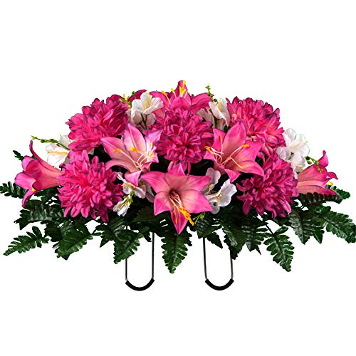 Sympathy Silks Artificial Cemetery Flowers - Realistic - Outdoor Grave Decorations - Non-Bleed Colors, and Easy Fit - Pink Purple Dahlia Mix Saddle for Headstone - Artificial Flower Arrangements Product: Sympathy Silks Artificial Cemetery Flowers - Realistic - Outdoor Grave Decorations - Non-Bleed Colors, and Easy Fit - Pink Purple Dahlia Mix Saddle for Headstone