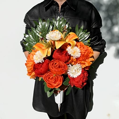 Silky Flower Store Cemetery Saddle Flower Grave Decoration, Non Bleed Outdoor Headstone Memorial Bouquet, Red Orange Peony Lily Vases, 32.5cm 15 15 Product: HENOMO Cemetery Saddles Flower for Grave, Colors -Non Bleed,Outdoor Headstone Decorations, Memorial Bouquet Arrangement-Red Orange Peony and Lily with Vases to Easy fit