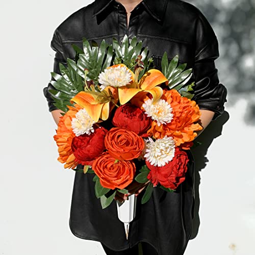 Silky Flower Store Cemetery Saddle Flower Grave Decoration, Non Bleed Outdoor Headstone Memorial Bouquet, Red Orange Peony Lily Vases, 32.5cm 6 6 Product: HENOMO Cemetery Saddles Flower for Grave, Colors -Non Bleed,Outdoor Headstone Decorations, Memorial Bouquet Arrangement-Red Orange Peony and Lily with Vases to Easy fit