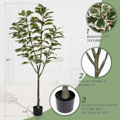 Product: 6ft Tall Artificial Fiddle Leaf Fig Tree with 108 Decorative Leaves - Faux Silk Tree in Pot for Home, Office, Living Room, Bathroom & Corner - Indoor Decor Accent