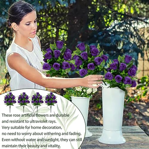 Product: SIFOEL Artificial Rose Flowers Bouquet Realistic Silk Rose Fake Flowers for Wedding Home Centerpiece Party Cemetery Grave Decoration (4, Purple)