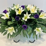 Product: Spring or Easter Cemetery Flowers for Headstone and Grave Decoration-Purple Rose and Lily Mix Saddle