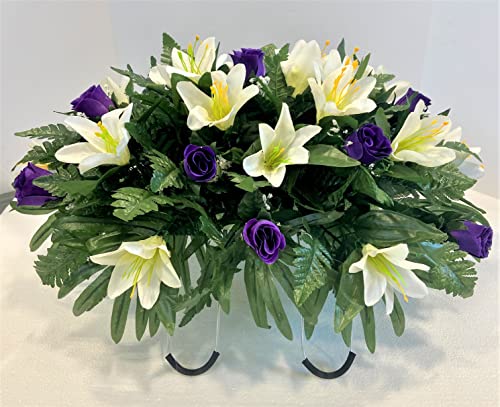 Spring or Easter Cemetery Flowers for Headstone and Grave Decoration-Purple Rose and Lily Mix Saddle - Artificial Flower Arrangements Product: Spring or Easter Cemetery Flowers for Headstone and Grave Decoration-Purple Rose and Lily Mix Saddle