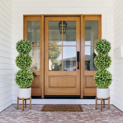 Product: Fomlily 2 Pack Artificial Boxwood Topiary Trees, 3ft Topiary Ball Trees with Planter for Front Door Porch Decor, Indoor/Outdoor Use