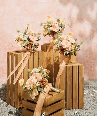 Product: Ling's Moment Artificial Flowers Apricot and Peach Bridesmaid Bouquet Set of 4, Peach Wedding Flowers Bouquets for Bridesmaids, 7 Inch Bridal Bouquets for Bridesmaids, Wedding, etc