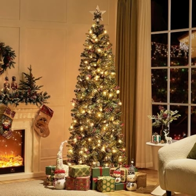 Silky Flower Store Pre Lit Slim Pencil Spruce Christmas Tree, Warm White Lights, Pine Cones, Metal Base, 7.5ft 10 10 Product: Yaheetech 7.5ft Pre-lit Pencil Spruce Christmas Tree, Artificial Slim Xmas Fir, Pre-Decorated for Home, Office, Party, Holiday Decor W/ 948 Tips, 350 Lights, Pine Cones, Metal Hinges & Base, Green