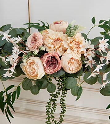 Silky Flower Store Artificial Eucalyptus Willow Leaf Garland with Flowers, Peony Rose Vine Wall Hanging, 8ft 14 14 Product: MISSPIN 8FT Eucalyptus and Willow Leaf Garland with Artificial Flowers Fake Flower Peony Rose Vine Greenery Decorative Wall Hanging Plant for Spring Wedding Arch Door Arrangement Party Decor