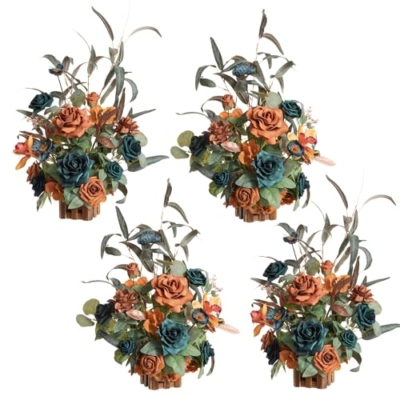 Product: Ling's Moment 17.5" Tall Standing Artificial Flowers Arrangements 4pcs Fall Wedding Aisle Runner Chair Decorations Teal Burnt Orange Centerpieces Ceremony Reception Rose Floral Party Outdoor