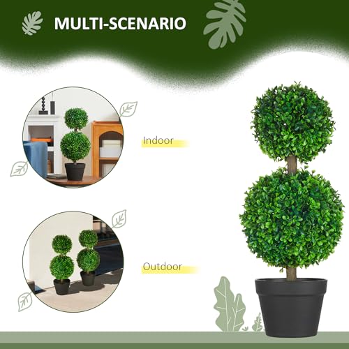 Product: HOMCOM Set of 2 23.5" Artificial Ball Boxwood Topiary Trees with Pot, Indoor Outdoor Fake Plants for Home Office & Living Room Decor