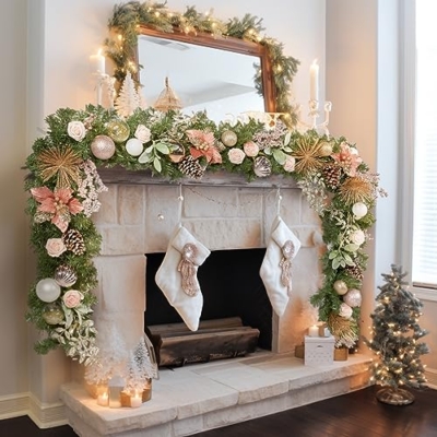Product: WBHome Pre-lit 9 Feet/108 Inch Christmas Garland, Rose Gold Lighted Garland with 50 LED Lights for Indoor Outdoor Xmas Decor Holiday Decorations, Battery Operated (Batteries NOT Included)