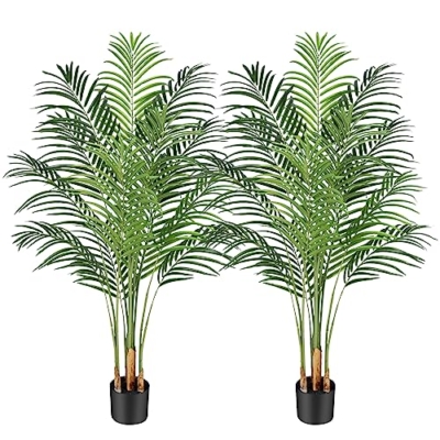 Product: Keeplush 5ft Artificial Palm Tree Indoor Plant Tall Fake Tropical Paradise Palm Tree in Pot with Real Bark Design Faux Areca Palm Tree for Home Office Living Room Bedroom Farmhouse Modern Decor 2pcs