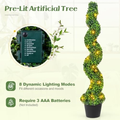 Product: Goplus 4FT Pre-Lit Artificial Spiral Boxwood Topiary Tree, 2 Pack 47” Tall Faux Potted Fake Greenery Plants w/ 100 LED Lights, Nursery Pot, Indoor Outdoor Home Front Porch Holiday Decoration