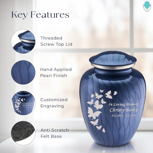 Product: Geturns Embrace Adult Personalized Butterfly Cremation Urns for Human Ashes I Large Pearl Cobalt Blue Funeral Urn for Men and Women I 200 lbs