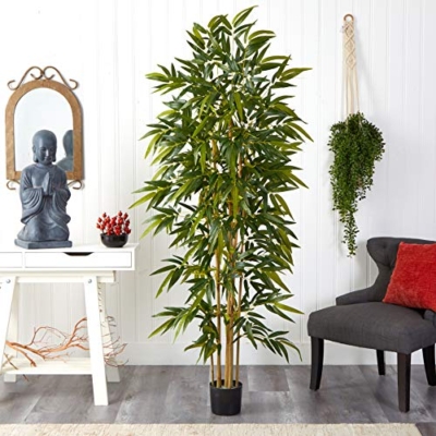 Product: Nearly Natural 6ft Artificial Bamboo Tree for Indoor Home Décor, Fake Bamboo Floor Plant with Natural Trunks and Over 1,000 Realistic Leaves in Black Nursery Planter