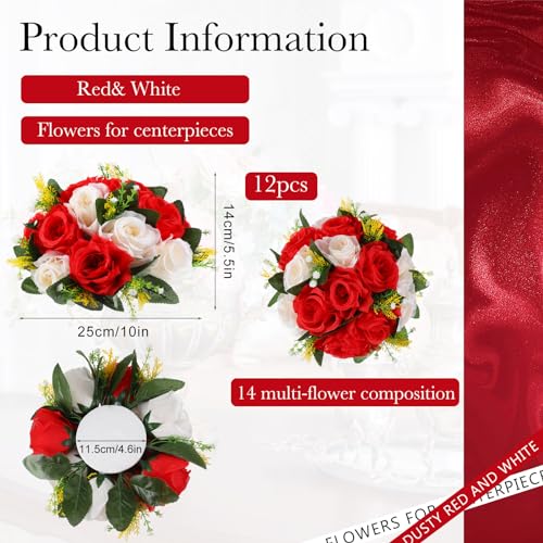 Product: Hotop 12 Pcs Flower Balls Wedding Rose Centerpieces Silk Flower Kissing Balls Arrangement Artificial Hydrangea Flower Bouquet Faux Rose Floral Decoration (Red,White)