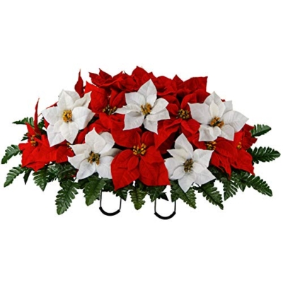 Product: Sympathy Silks Artificial Cemetery Flowers - Christmas Poinsettias - Outdoor Grave Decorations - Red and White Poinsettias Saddle for Headstone