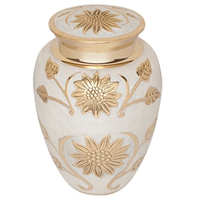 Silky Flower Store White and Gold Brass Funeral Urn, Liliane Memorials Rose Lisette, Handcrafted Memorial Ashes Keepsake 10.2in 7 7 Product: White and Gold Flower Funeral Urn by Liliane Memorials - Cremation Urn for Human Ashes - Brass- Suitable for Cemetery Burial or Niche- Large Size for Adults up to 200 lbs - Rose Lisette