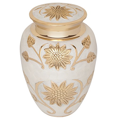 Silky Flower Store White and Gold Brass Funeral Urn, Liliane Memorials Rose Lisette, Handcrafted Memorial Ashes Keepsake 10.2in 2 2 Product: White and Gold Flower Funeral Urn by Liliane Memorials - Cremation Urn for Human Ashes - Brass- Suitable for Cemetery Burial or Niche- Large Size for Adults up to 200 lbs - Rose Lisette
