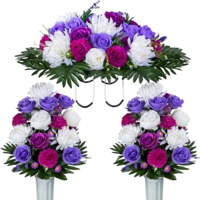 Product: XONOR Artificial Headstone Flower Saddles for Graves, Cemetery Memorial Flowers for Outdoor Tombstone Decorations, Artificial Peony Rose Flowers Saddle (Purple&White, 1 Saddle 2 Bouquets)