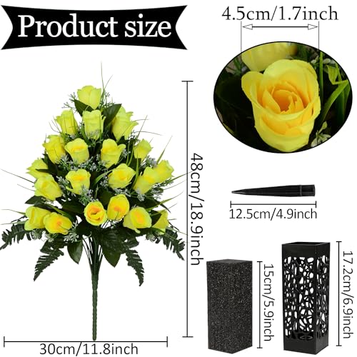 Product: Set of 2 Artificial Grave Memorial Flowers Cemetery Flowers Rose Bouquet with Vase for Cemetery Graveyard Headstones Decoration (Yellow-24H)