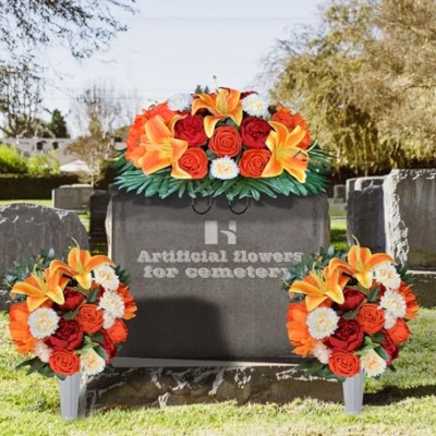 Silky Flower Store Cemetery Saddle Flower Grave Decoration, Non Bleed Outdoor Headstone Memorial Bouquet, Red Orange Peony Lily Vases, 32.5cm 16 16 Product: HENOMO Cemetery Saddles Flower for Grave, Colors -Non Bleed,Outdoor Headstone Decorations, Memorial Bouquet Arrangement-Red Orange Peony and Lily with Vases to Easy fit