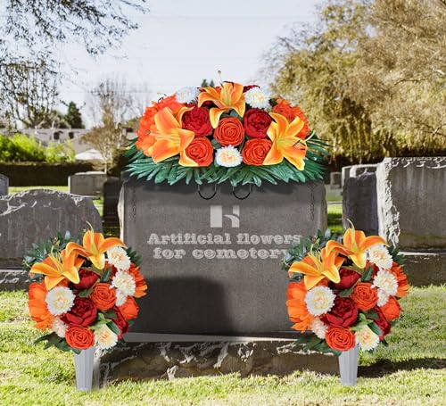Silky Flower Store Cemetery Saddle Flower Grave Decoration, Non Bleed Outdoor Headstone Memorial Bouquet, Red Orange Peony Lily Vases, 32.5cm 7 7 Product: HENOMO Cemetery Saddles Flower for Grave, Colors -Non Bleed,Outdoor Headstone Decorations, Memorial Bouquet Arrangement-Red Orange Peony and Lily with Vases to Easy fit