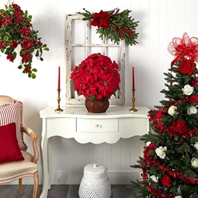Silky Flower Store Nearly Natural Poinsettia Silk Arrangement, Decorative Planter, Faux Holiday Floral Centerpiece, 35 x 12 x 12 12 12 Product: Nearly Natural 1265 22in. Poinsettia with Decorative Planter Silk Arrangement 35" x 12" x 12"