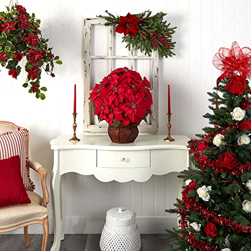 Silky Flower Store Nearly Natural Poinsettia Silk Arrangement, Decorative Planter, Faux Holiday Floral Centerpiece, 35 x 12 x 12 5 5 Product: Nearly Natural 1265 22in. Poinsettia with Decorative Planter Silk Arrangement 35" x 12" x 12"