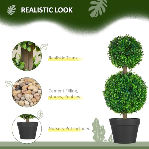 Product: HOMCOM Set of 2 23.5" Artificial Ball Boxwood Topiary Trees with Pot, Indoor Outdoor Fake Plants for Home Office & Living Room Decor