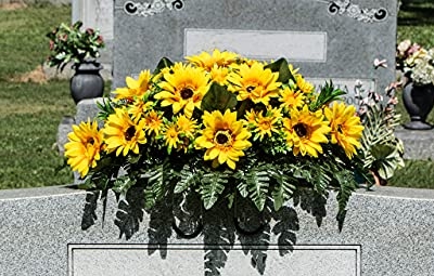 Silky Flower Store Artificial Cemetery Flowers, Yellow Sunflower Grave Saddle, Sympathy Headstone Decoration, 20.5cm 16 16 Product: Sympathy Silks Artificial Cemetery Flowers - Grave Flowers for Cemetery - Yellow Sunflower Saddle for Headstone