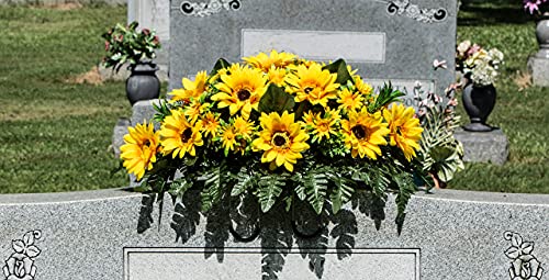 Silky Flower Store Artificial Cemetery Flowers, Yellow Sunflower Grave Saddle, Sympathy Headstone Decoration, 20.5cm 7 7 Product: Sympathy Silks Artificial Cemetery Flowers - Grave Flowers for Cemetery - Yellow Sunflower Saddle for Headstone