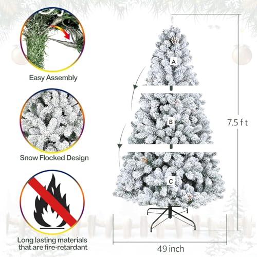 Silky Flower Store 7.5 ft Snow Flocked Artificial Christmas Tree, Pine Cones, 1446 Tips, Hinged Metal Stand, 49 in diameter 3 3 Product: Hykolity 7.5 ft Snow Flocked Artificial Christmas Tree with Pine Cones, 1446 Tips, Metal Stand and Hinged Branches