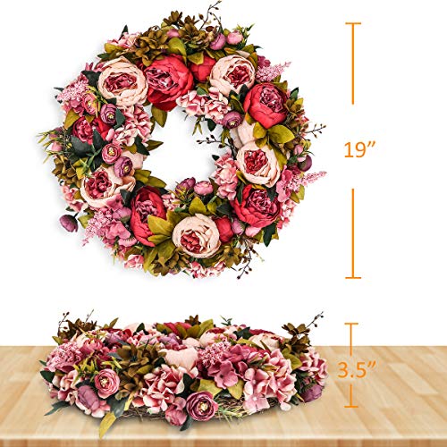 Silky Flower Store Artificial Peony Flower Wreath, Vintage Silk Front Door Decor, Faux Hydrangea Greenery, 19Inch 6 6 Product: BOMAROLAN Artificial Peony Flower Wreath 19Inch Vintage Blooming Silk Peonies Spring Summer Fall Winter Large Wreaths Flower Green Leaves for Outdoor Front Door Indoor Wedding Wall Or Window Décor