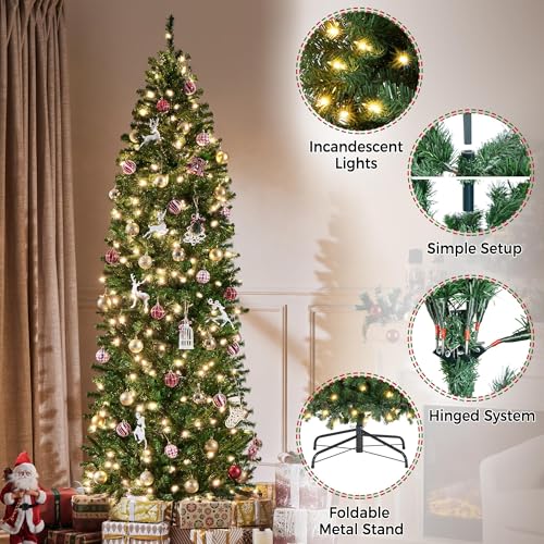 Silky Flower Store 7.5ft Pre-lit Kingswood Fir Pencil Artificial Christmas Tree, 350 Warm White Lights, Foldable Stand, Green, 7.5ft 2 2 Product: Yaheetech 7.5ft Pre-lit Kingswood Fir Pencil Artificial Hinged Christmas Tree Skinny Corner Xmas Tree with 350 Incandescent Warm White Lights Prelighted Xmas Tree with Foldable Stand, Green