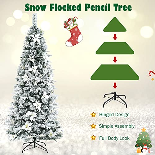 Product: Goplus Snow Flocked Pencil Christmas Tree, 7FT Hinged Artificial Skinny Xmas Tree with White Berries, Poinsettia Flowers and Folding Metal Stand, Perfect for Holiday Indoor Décor