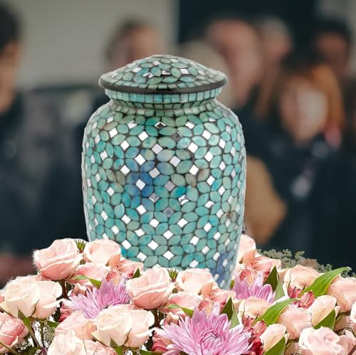 Product: Mosaic Glass Cremation Urn - Hand Made Funeral Urn for Human Ashes - Large Adult Size Burial Urn - Hand Applied Individual Tiles Create a one of a Kind Work of Art - 200 cu in (Blue)
