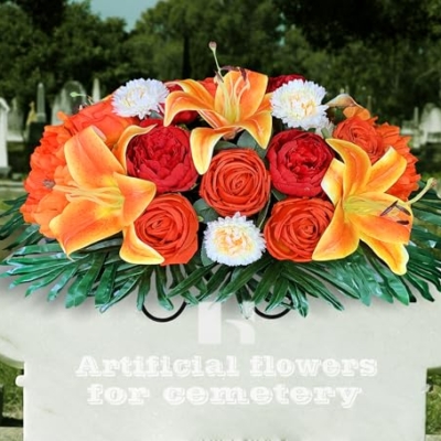 Silky Flower Store Cemetery Saddle Flower Grave Decoration, Non Bleed Outdoor Headstone Memorial Bouquet, Red Orange Peony Lily Vases, 32.5cm 12 12 Product: HENOMO Cemetery Saddles Flower for Grave, Colors -Non Bleed,Outdoor Headstone Decorations, Memorial Bouquet Arrangement-Red Orange Peony and Lily with Vases to Easy fit