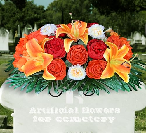 Silky Flower Store Cemetery Saddle Flower Grave Decoration, Non Bleed Outdoor Headstone Memorial Bouquet, Red Orange Peony Lily Vases, 32.5cm 3 3 Product: HENOMO Cemetery Saddles Flower for Grave, Colors -Non Bleed,Outdoor Headstone Decorations, Memorial Bouquet Arrangement-Red Orange Peony and Lily with Vases to Easy fit