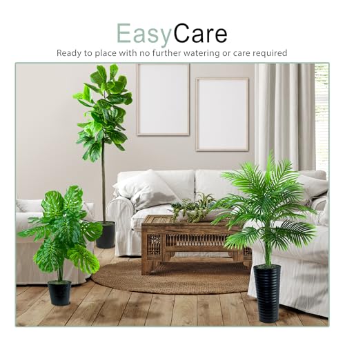 Product: LCG Florals Set of 3 Fig Trees in Black Metal Pots with Real-Wood Trunk - Low Maintenance Indoor and Outdoor Faux Plants for Living Rooms, Offices, Kitchens & Outdoor Spaces