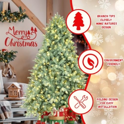 Silky Flower Store 7FT Prelit Blue Artificial Christmas Tree, Premium Spruce, 2518 Branch Tips, Warm White LED Lights, Hinged Branches, 7FT 13 13 Product: 7FT Prelit Blue Artificial Christmas Tree - Premium Spruce with 2518 Branch Tips for a Festive Holiday Decor