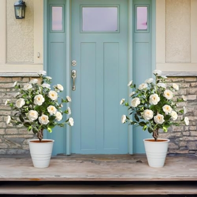 Silky Flower Store Artificial Camellia Tree, Faux Floral Plant, Cement Pot, Indoor Outdoor Office Home Porch Decor, 36 inch 13 13 Product: 36''Artificial Camellia Tree, 2 Pack Soil Insertion w/Spike,Flower Plants, Faux Floral Plant Blooming Tree in Cement Pot, Greenery Potted Plant for Indoor Outdoor Office Home Porch Decor