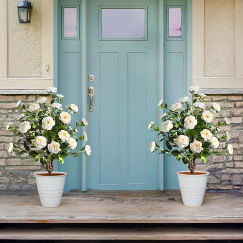 Silky Flower Store Artificial Camellia Tree, Faux Floral Plant, Cement Pot, Indoor Outdoor Office Home Porch Decor, 36 inch 5 5 Product: 36''Artificial Camellia Tree, 2 Pack Soil Insertion w/Spike,Flower Plants, Faux Floral Plant Blooming Tree in Cement Pot, Greenery Potted Plant for Indoor Outdoor Office Home Porch Decor