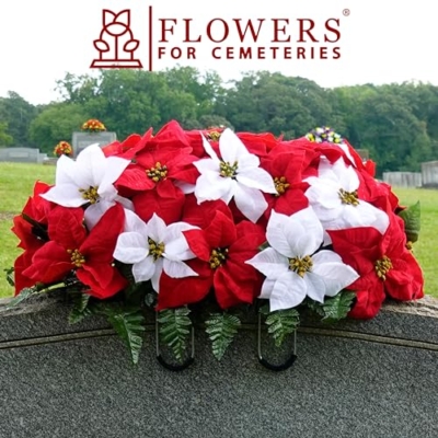 Product: Sympathy Silks Artificial Cemetery Flowers - Christmas Poinsettias - Outdoor Grave Decorations - Red and White Poinsettias Saddle for Headstone